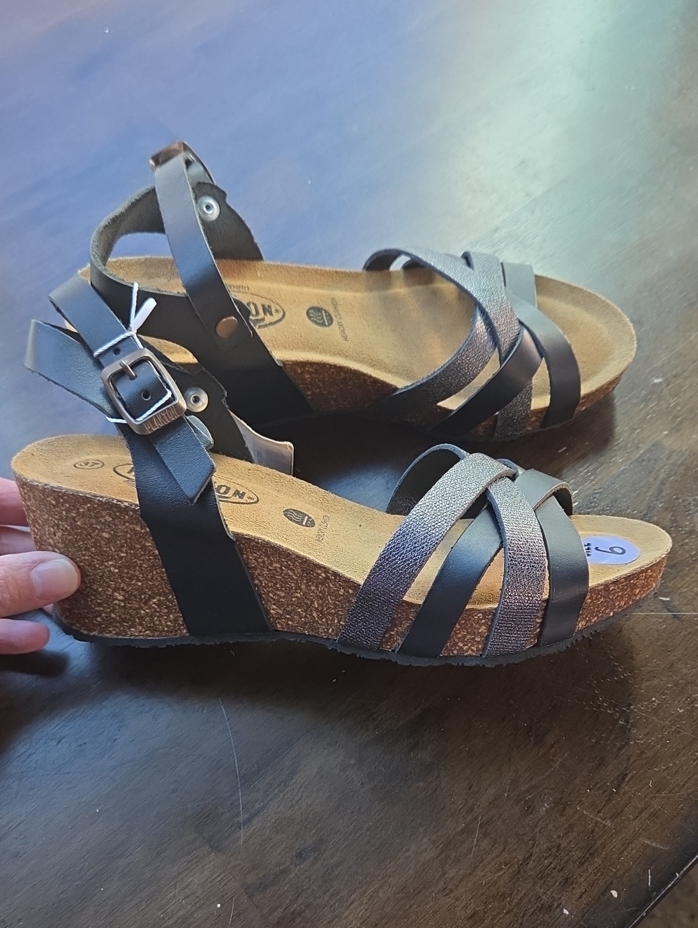 Plakton Size 6 Women's Comfort Wedge Sandals - Black Metallic Straps